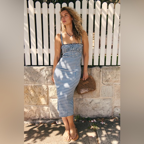 Free People Dresses & Skirts - Free People Lucinda Plaid Midi Dress Size XS Square Neck Pleated